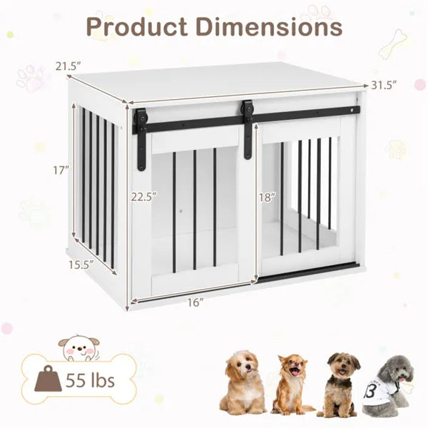 31.5" Dog Crate Furniture With Sliding Barn Door, Wooden Dog Kennel End Table For Indoor Use - White by Josla