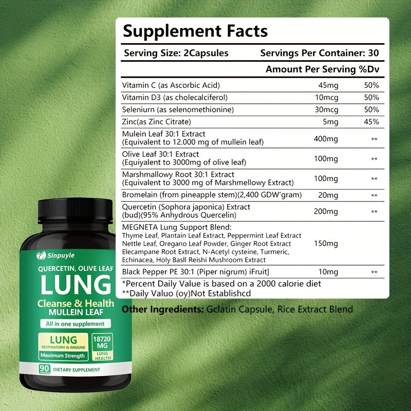 Lung Cleanse Respiratory Support Supplement Mullein Leaf Quercetin 90 Capsules by Josla