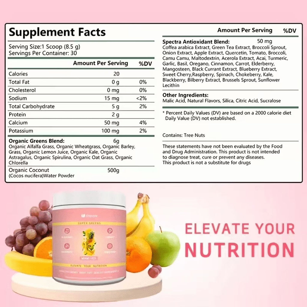 Super Greens Powder Miami Vice Flavor 255g Natural Daily Greens Supplement Supports Energy Digestion Immunity Bloating Relief by Josla