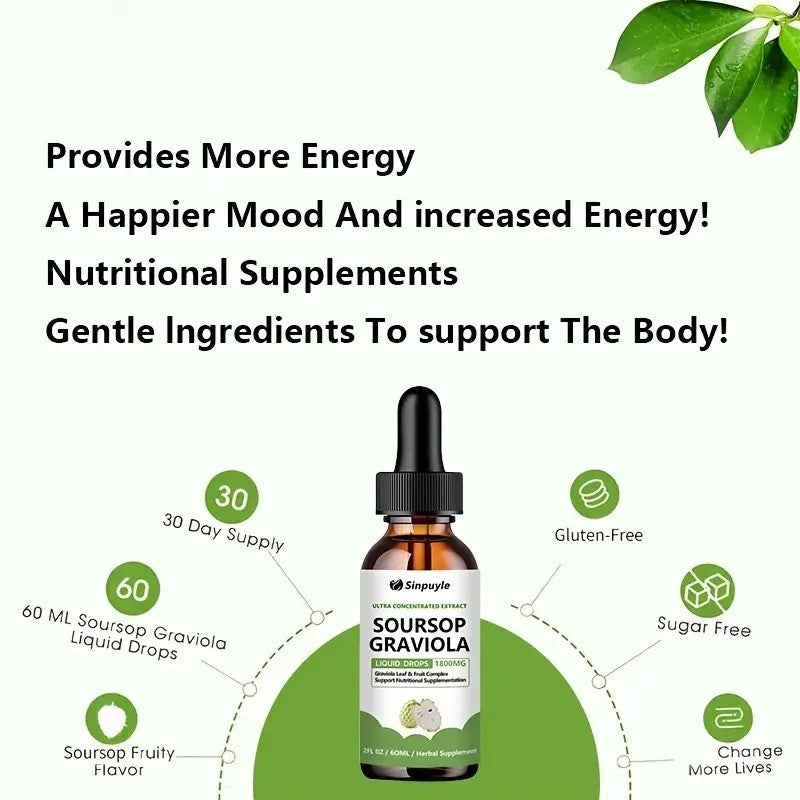 Soursop Graviola 1800mg Ultra Concentrated Liquid Drops - Leaf & Fruit Herbal Supplement, Immune Support, 60ml by Josla