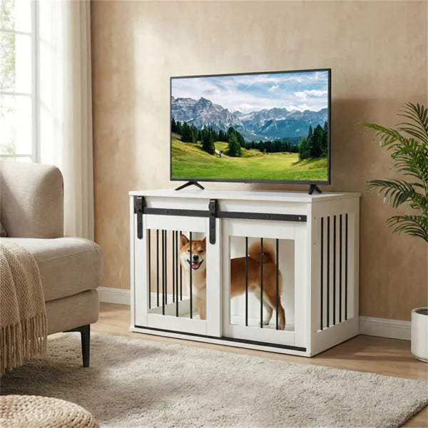 31.5" Dog Crate Furniture With Sliding Barn Door, Wooden Dog Kennel End Table For Indoor Use - White by Josla