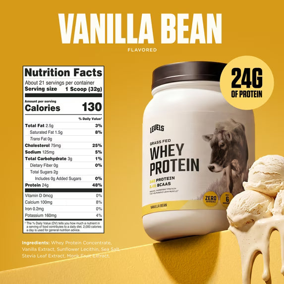 Levels Grass Fed Whey Protein Powder, No Artificials, 24G of Protein, Vanilla Bean, 1.48LB by Josla Marketplace