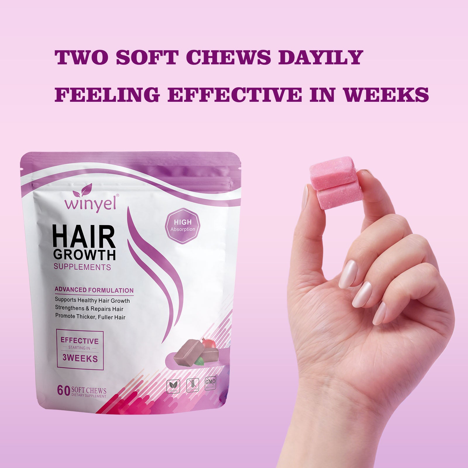 WINYEL Hair Growth Soft Chewables, Containing Hair Growth Vitamins For Men And Women, Biotin, To Help Create Thicker, Fuller, And Stronger Hair, Mixed Berries, 60 Soft Chewables. by Josla