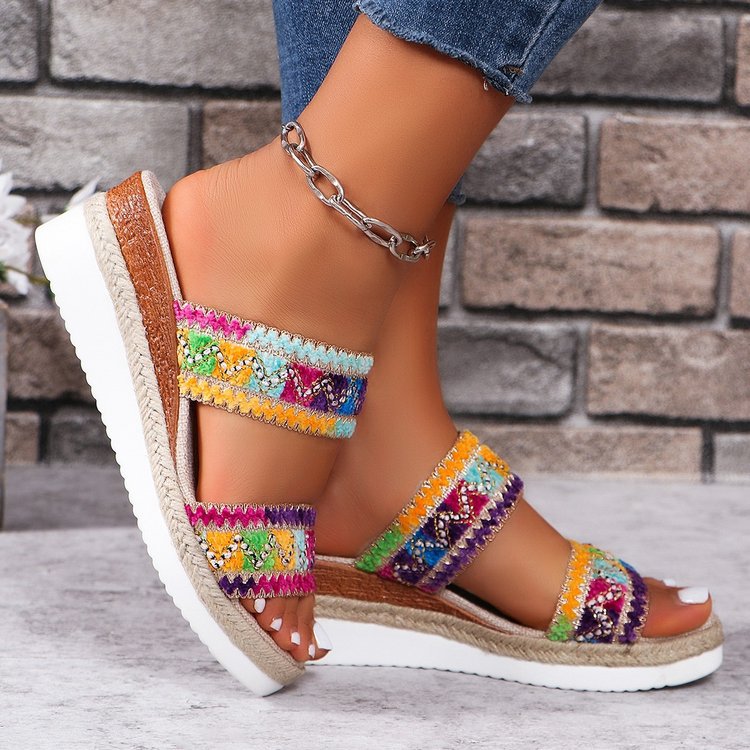 Fashion Wavy Pattern Woven Sandals Summer Casual Ethnic Style Slippers Linen Bottom Wide Strap Wedges Shoes For Women by Josla