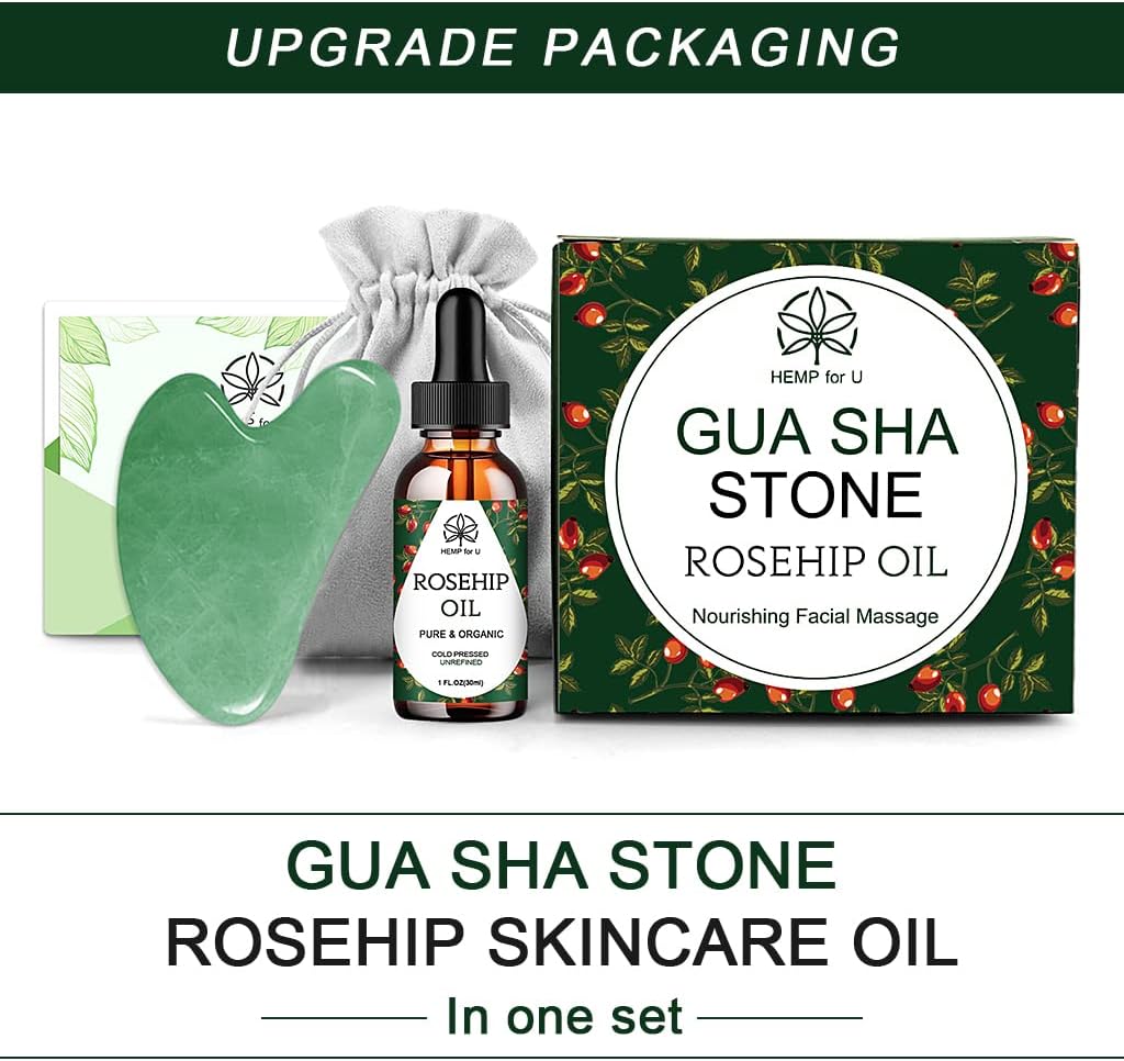 Gua Sha Massage Tools & Rosehip Oil In One Set, Nature Jade Stone Facial Gua Sha Products For Skin Massage, Beauty And Moisturizing , With Nice Travel Pouch by Josla