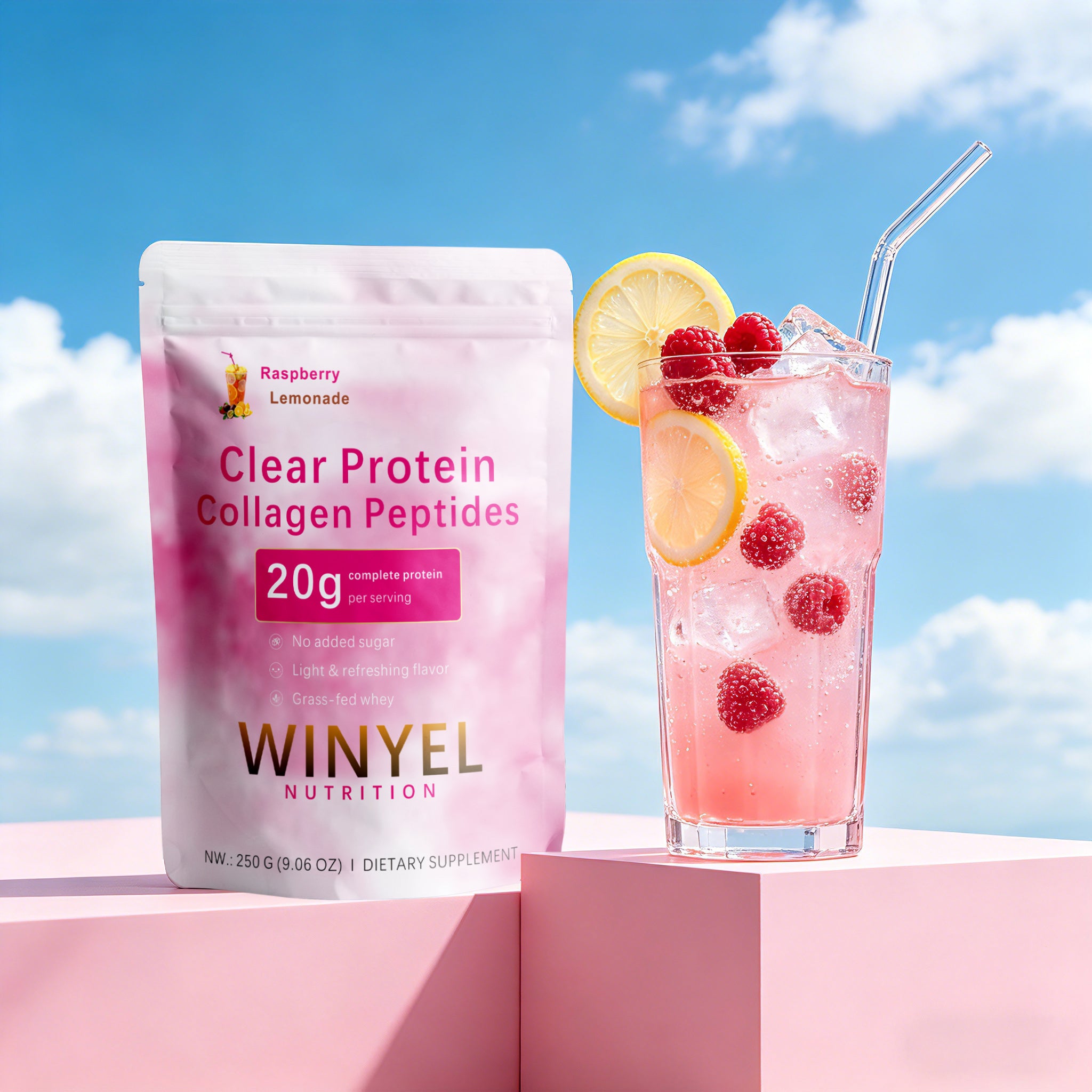 WINYEL Nutrition Clear Protein Collagen Peptides, Raspberry Lemonade, 20g Protein, Zero Sugar, Grass-Fed Whey, 250g by Josla