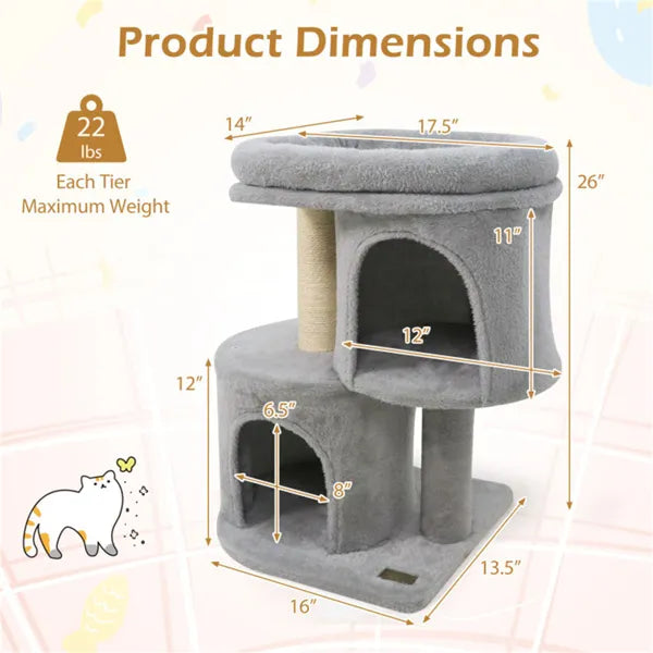 26" Compact Cat Tree With 2 Condos & Sisal Scratching Posts, Anti-Tip Cat Tower For Small Spaces by Josla