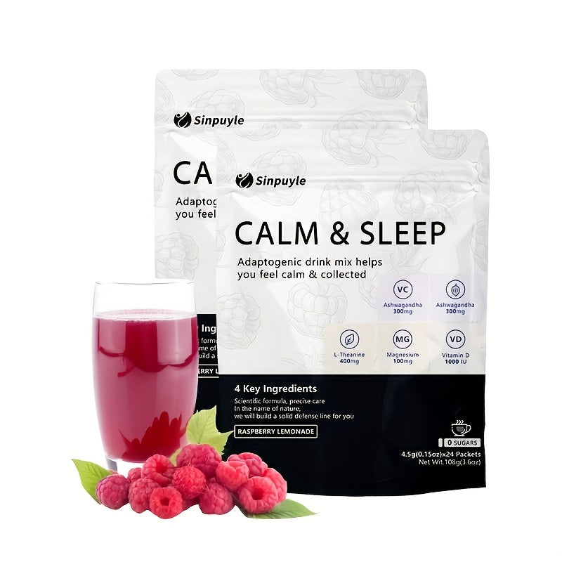 Calm & Sleep Adaptogenic Drink Mix - Raspberry Lemonade, 0 Sugars - L-Theanine, Ashwagandha & Magnesium For Relaxation & Rest, 24 Packets by Josla