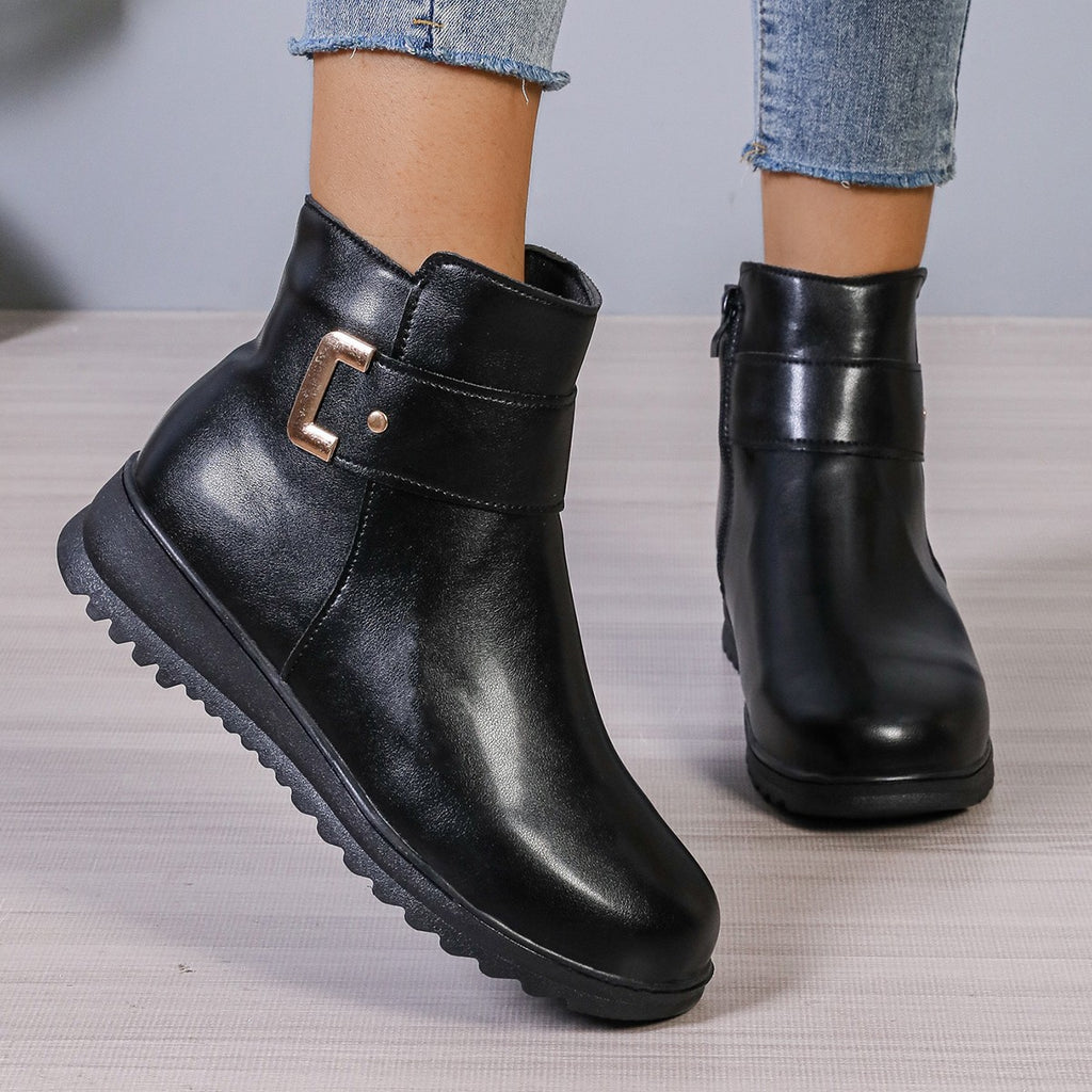 Winter Fleece Boots With Side Zipper Design Fashion Simple Non-slip Ankle Boots For Women Warm Pu Leather Shoes by Josla