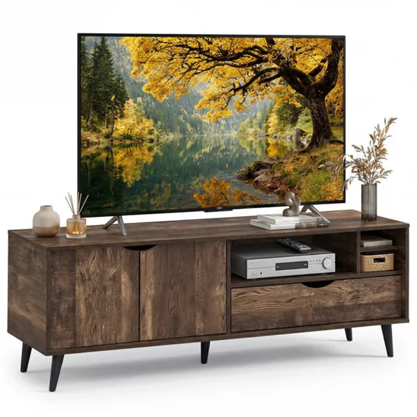 59" Rustic TV Stand For 65-inch TVs, Media Console With Cabinet, Drawer & 3 Open Shelves by Josla