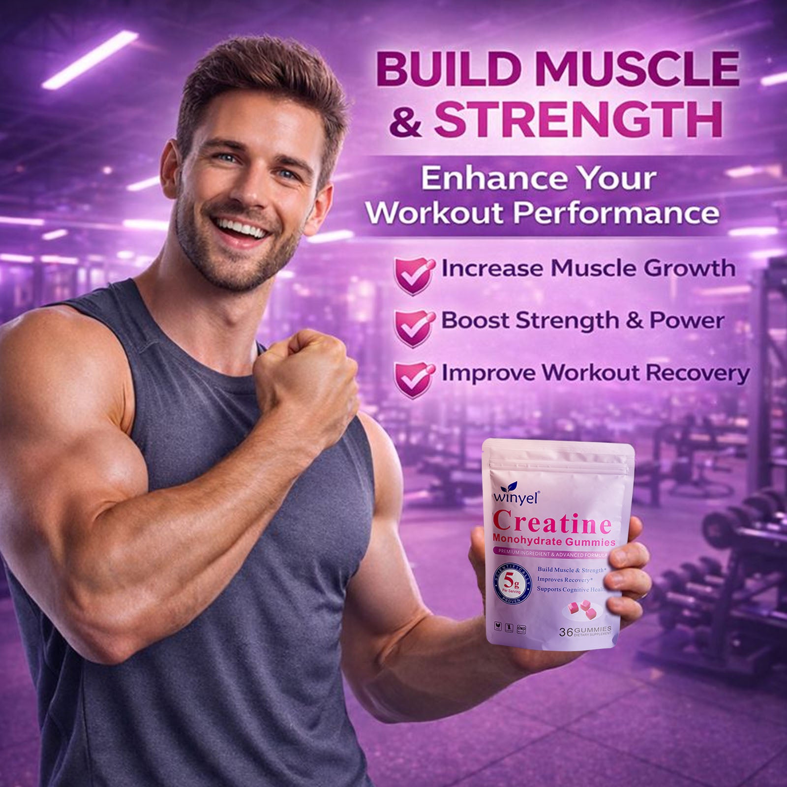 Creatine Monohydrate Gummies, 5 Grams Per Serving, Sugar-free Creatine Gummies, Suitable For Workouts, Strength, Cognitive Health, And Muscle Support, Gluten-free, Berry-enhanced, 36 Gummies. by Josla