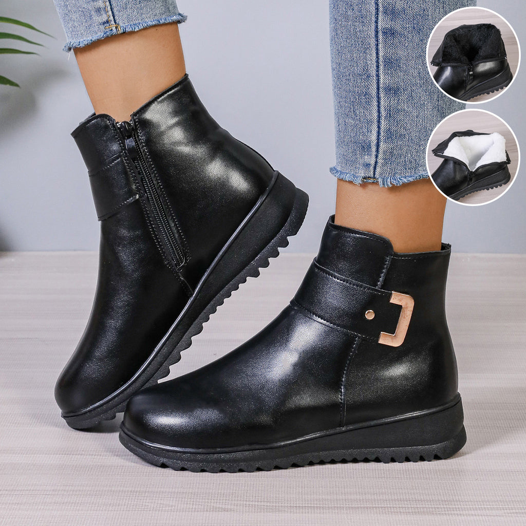 Winter Fleece Boots With Side Zipper Design Fashion Simple Non-slip Ankle Boots For Women Warm Pu Leather Shoes by Josla
