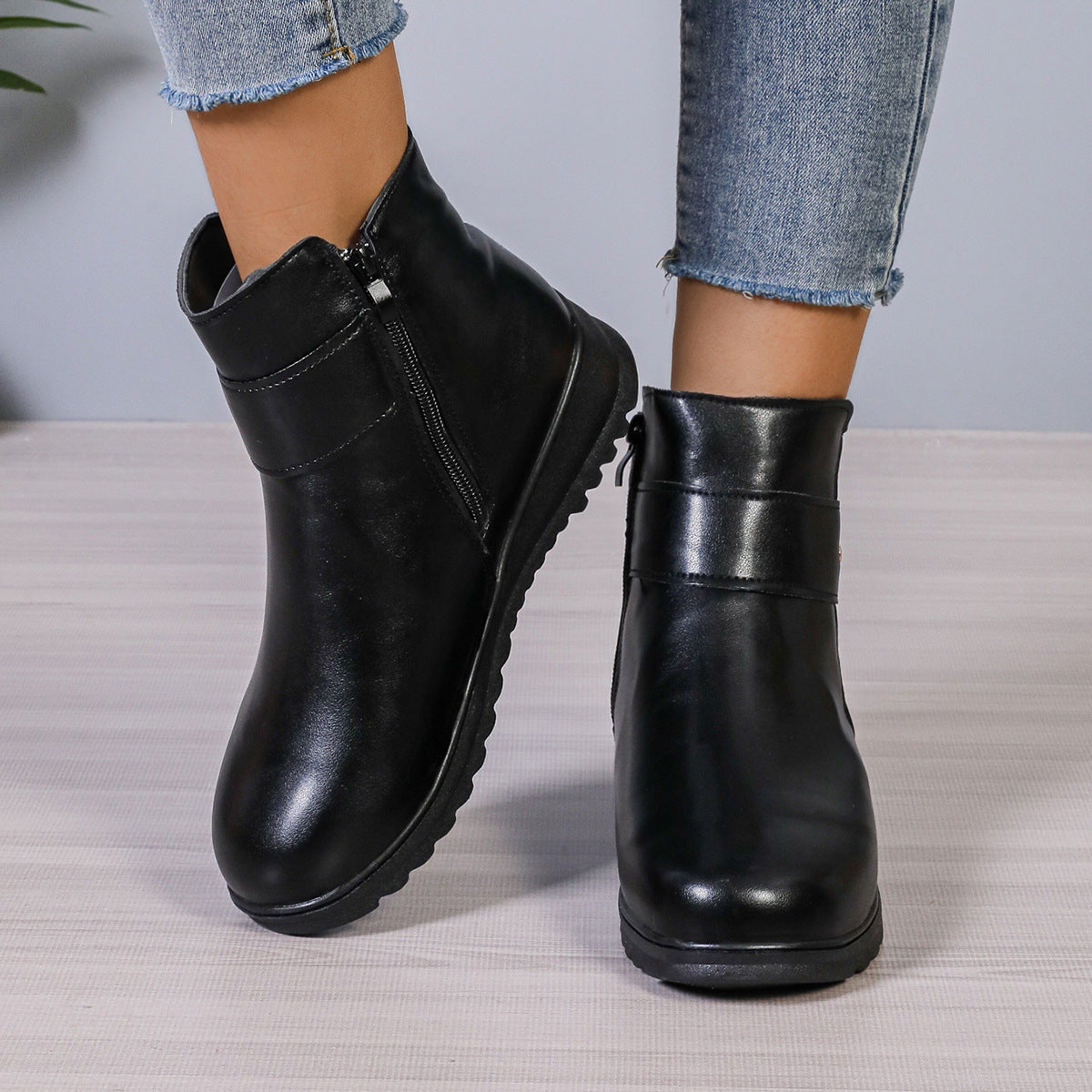 Winter Fleece Boots With Side Zipper Design Fashion Simple Non-slip Ankle Boots For Women Warm Pu Leather Shoes by Josla
