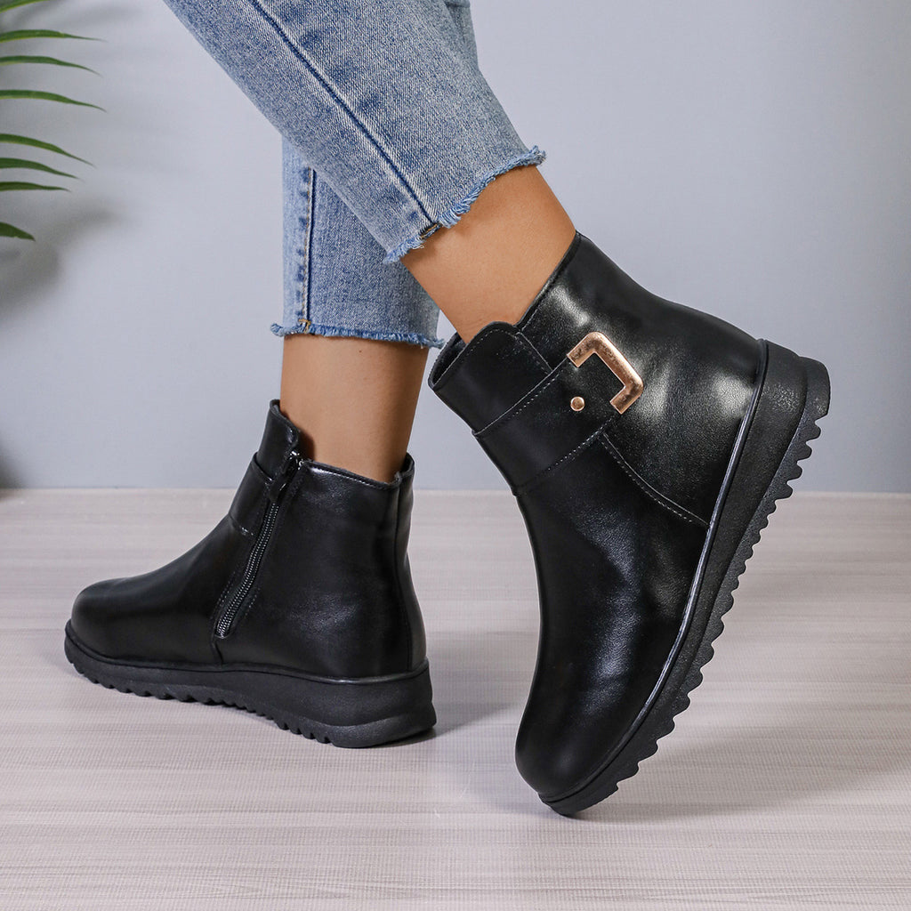 Winter Fleece Boots With Side Zipper Design Fashion Simple Non-slip Ankle Boots For Women Warm Pu Leather Shoes by Josla