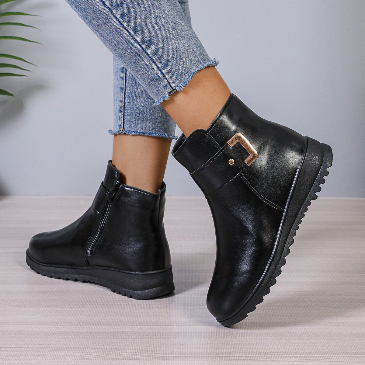 Winter Fleece Boots With Side Zipper Design Fashion Simple Non-slip Ankle Boots For Women Warm Pu Leather Shoes by Josla