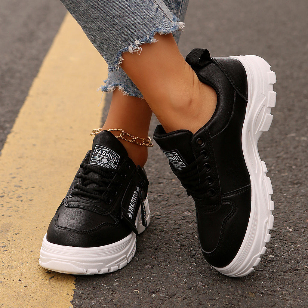 Lace-up Sports Shoes With Side-Zipper Design Fashion Thick-soled Round-toe Casual Shoes For Women Sneakers by Josla