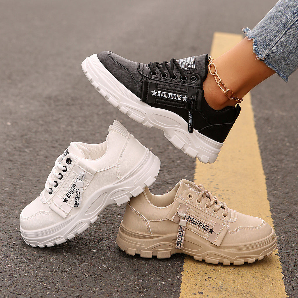 Lace-up Sports Shoes With Side-Zipper Design Fashion Thick-soled Round-toe Casual Shoes For Women Sneakers by Josla