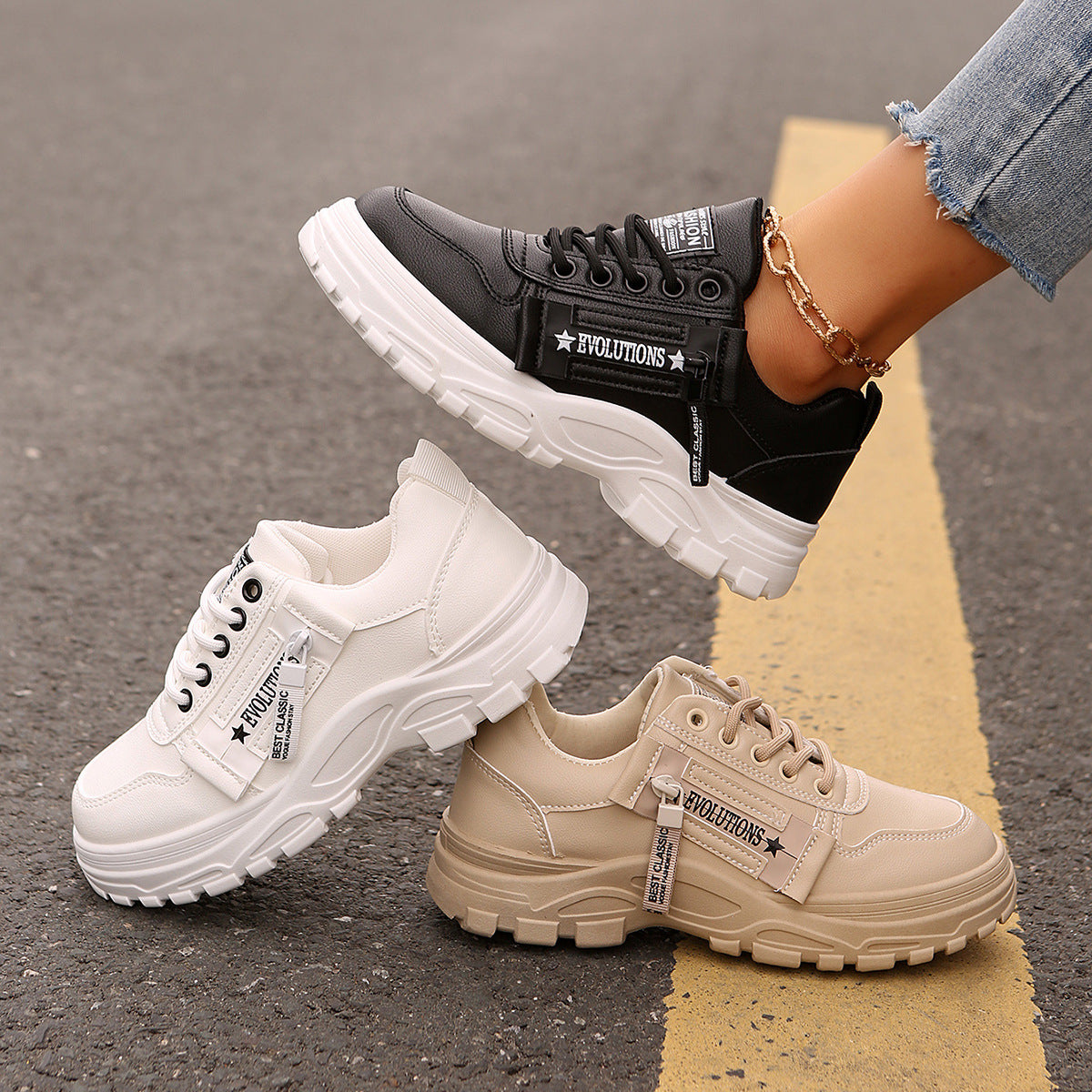 Lace-up Sports Shoes With Side-Zipper Design Fashion Thick-soled Round-toe Casual Shoes For Women Sneakers by Josla