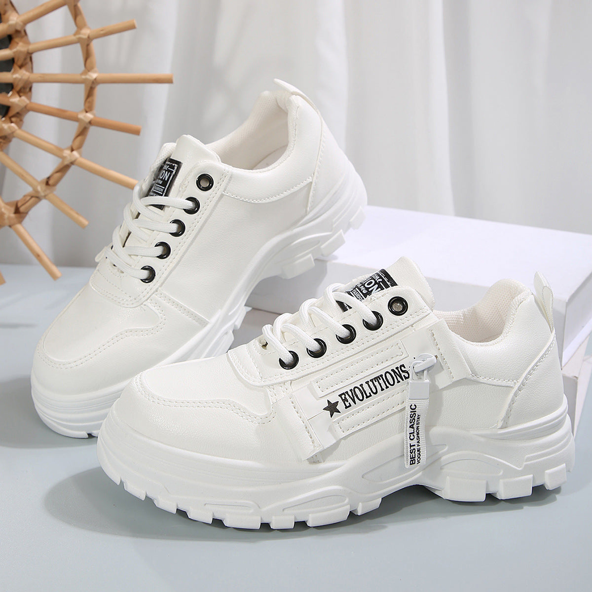 Lace-up Sports Shoes With Side-Zipper Design Fashion Thick-soled Round-toe Casual Shoes For Women Sneakers by Josla