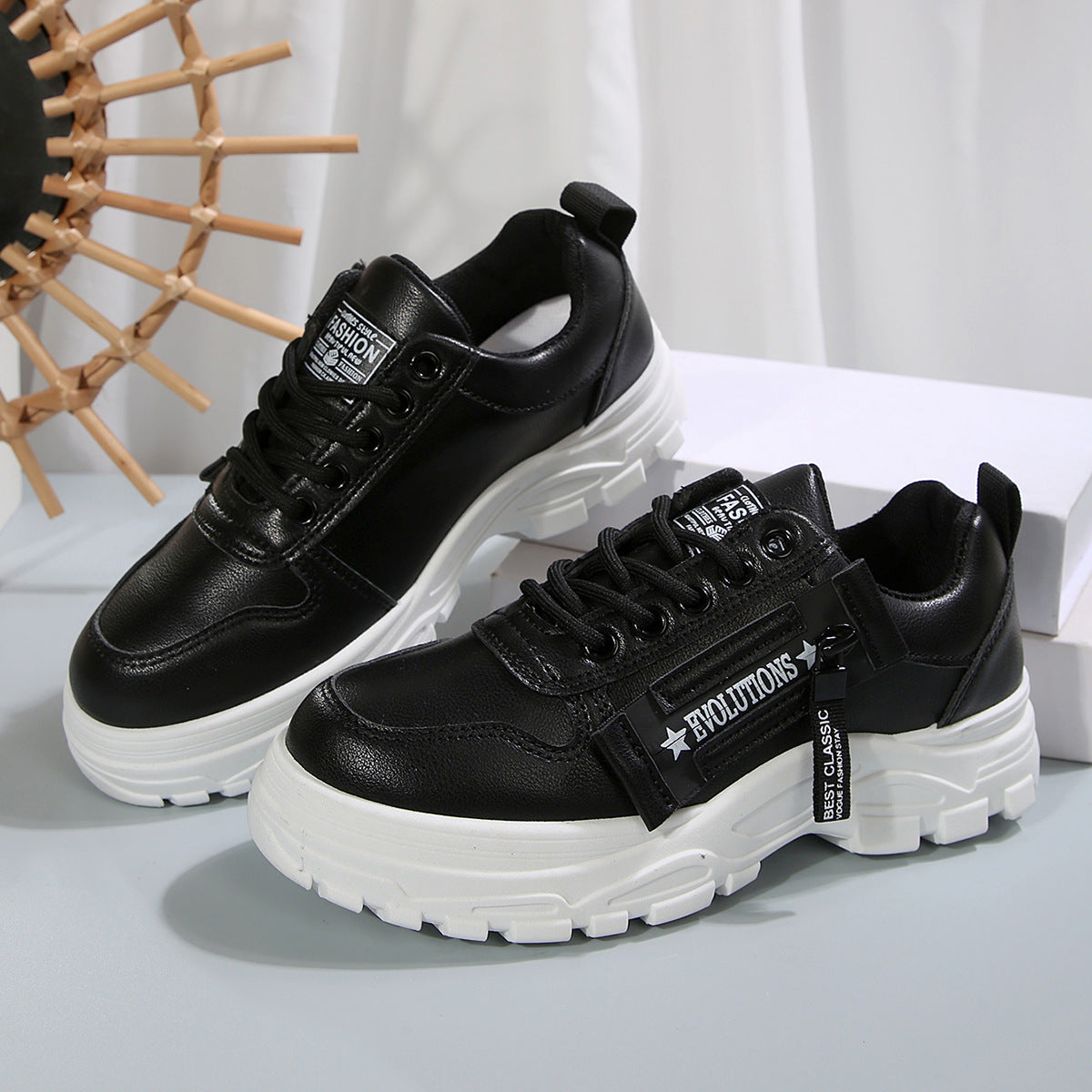 Lace-up Sports Shoes With Side-Zipper Design Fashion Thick-soled Round-toe Casual Shoes For Women Sneakers by Josla