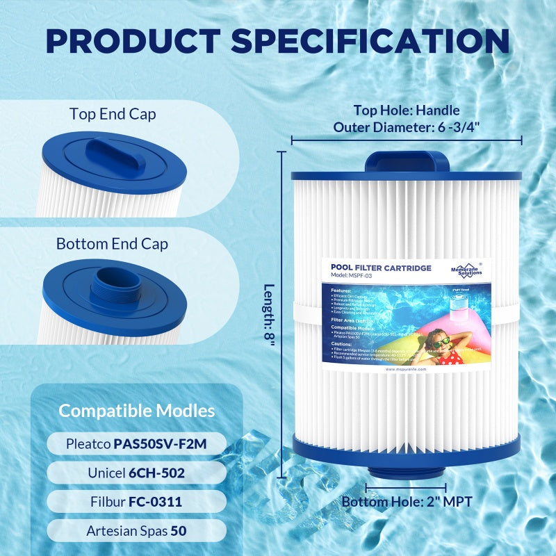 2 Pack PAS50SV-F2M Hot Tub Spa Filter Cartridge, Compatible With Unicel 6CH-502, Filbur FC-0311, Master Deluxe M60506, Magnum AR50, Baleen AK-90161, Excel Filters XLS-604 Artesian Spas Filter by Josla
