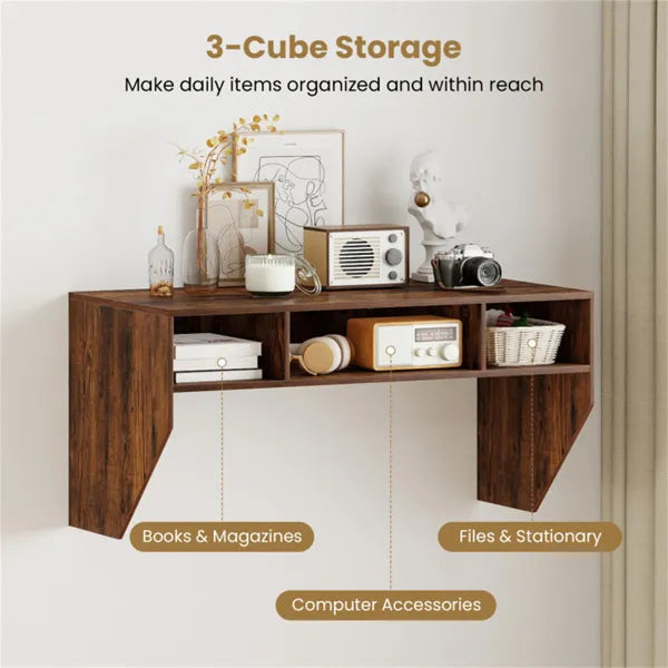 Rustic Brown Wall-Mounted Floating Computer Desk With 3-Cube Storage, Sturdy Wooden Workstation For Home Office by Josla