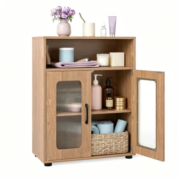 Natural Modern Engineered Wood Bathroom Cabinet With Open Compartment, Anti-Toppling Tall Storage Cabinet With Magnetic Door Catch For Living Room Entryway by Josla