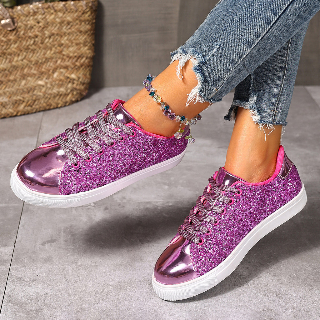 Plus Size Sequined Front Lace-up Solid Color Plus Size Board Shoes by Josla