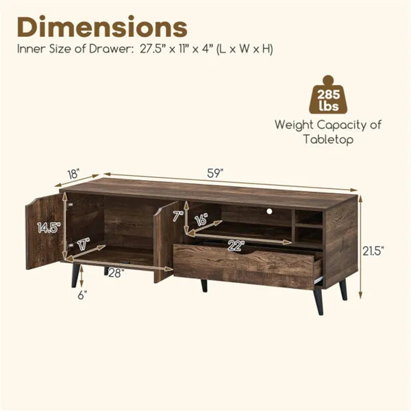 59" Rustic TV Stand For 65-inch TVs, Media Console With Cabinet, Drawer & 3 Open Shelves by Josla
