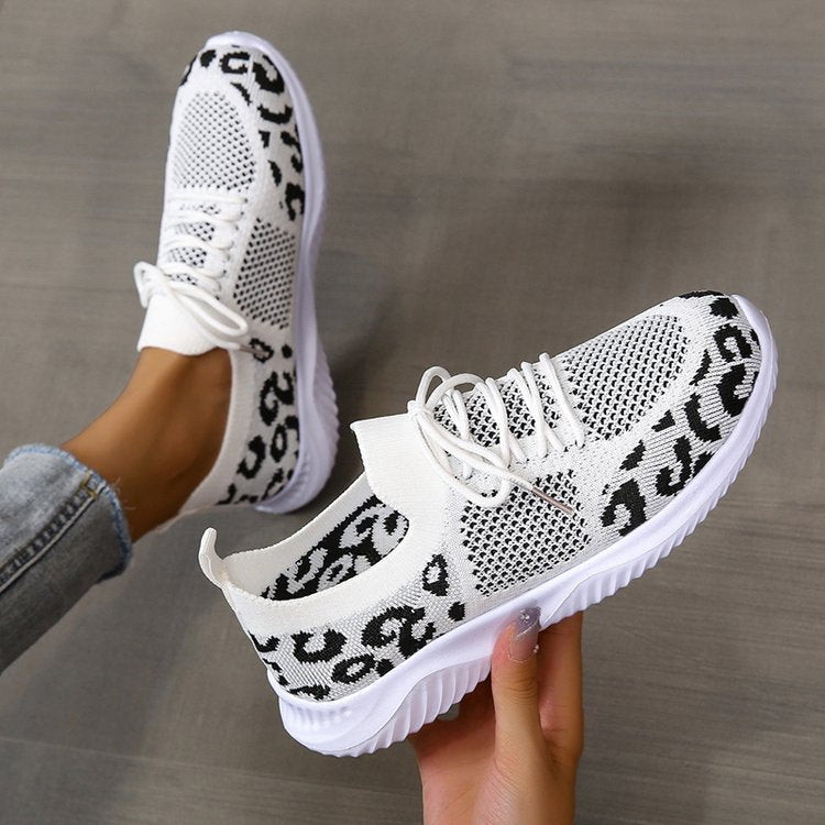 White Shoes Women Leopard Print Lace-up Sneakers Sports by Josla
