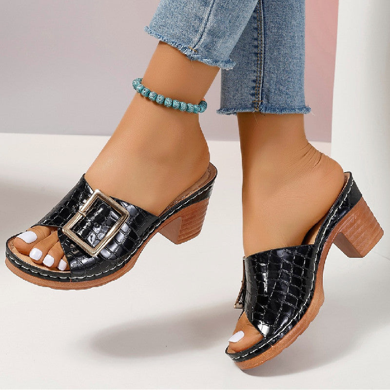 Fashion Crocodile-textured Buckle Sandals Square Chunky Heel Peep-toe Slides Slippers Women Shoes by Josla