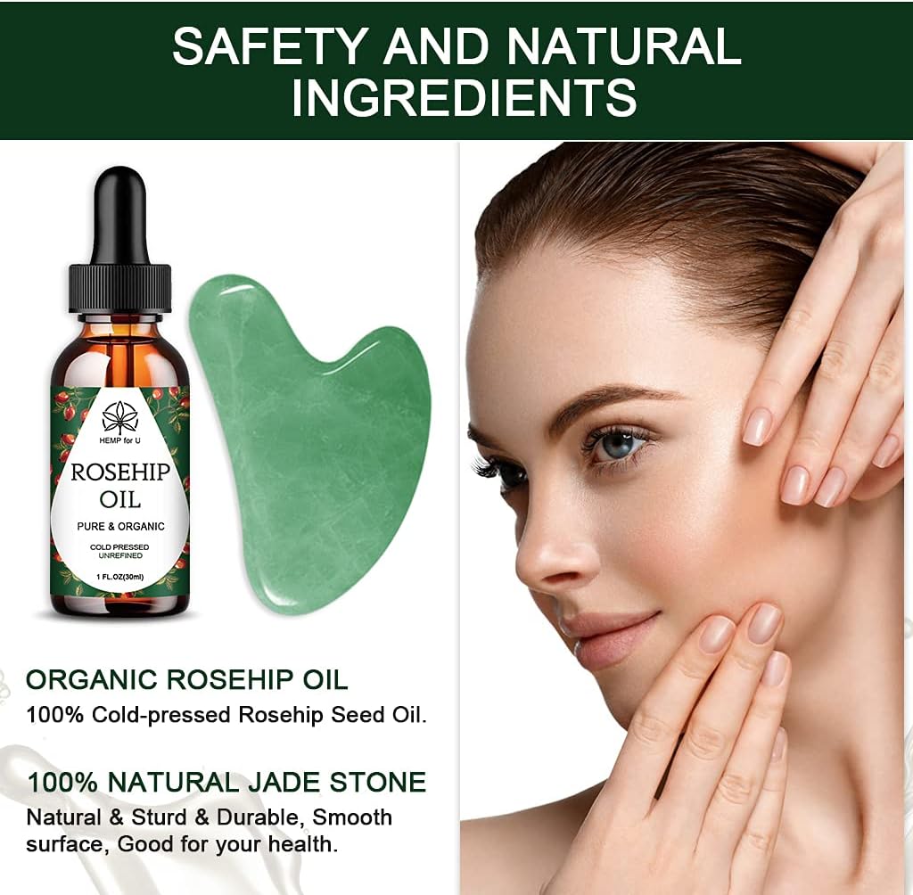 Gua Sha Massage Tools & Rosehip Oil In One Set, Nature Jade Stone Facial Gua Sha Products For Skin Massage, Beauty And Moisturizing , With Nice Travel Pouch by Josla