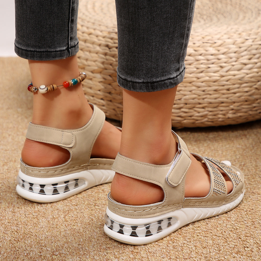 Summer Rhinestone Wedges Sandals Casual Sports Air Cushion Bottom Beach Shoes For Women Roman Sandals by Josla