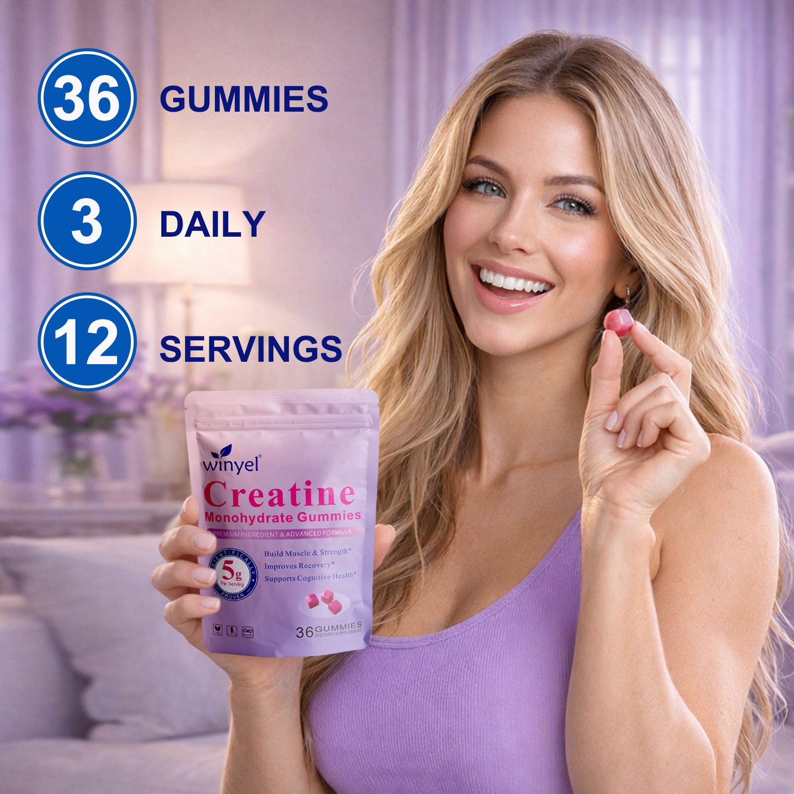 Creatine Monohydrate Gummies, 5 Grams Per Serving, Sugar-free Creatine Gummies, Suitable For Workouts, Strength, Cognitive Health, And Muscle Support, Gluten-free, Berry-enhanced, 36 Gummies. by Josla