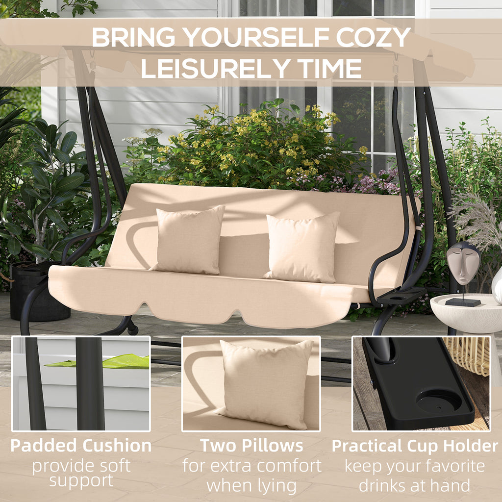 Free Standing Swing Bench, Porch Swing with Stand, Adjustable Canopy, Cushion and Pillows, Ecru by Josla