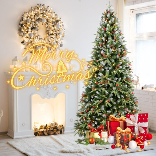 Artificial 5ft Green LED-lit Christmas Tree With 1113PE PVC Mixed Branch Tips,Red Fruit And Pine Cone,Hinged Premium & Foldable Base For Indoor Holiday Decorating by Josla