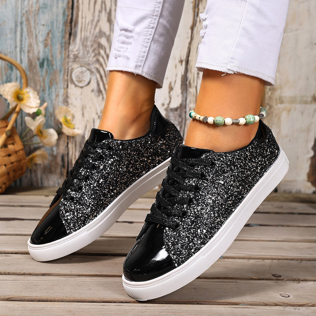 Plus Size Sequined Front Lace-up Solid Color Plus Size Board Shoes by Josla