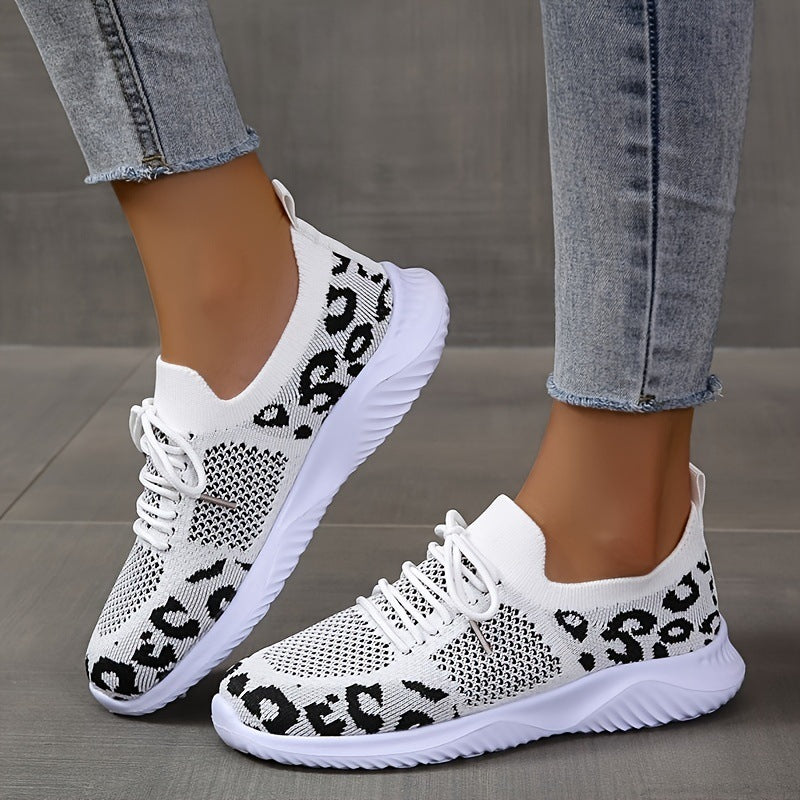 White Shoes Women Leopard Print Lace-up Sneakers Sports by Josla