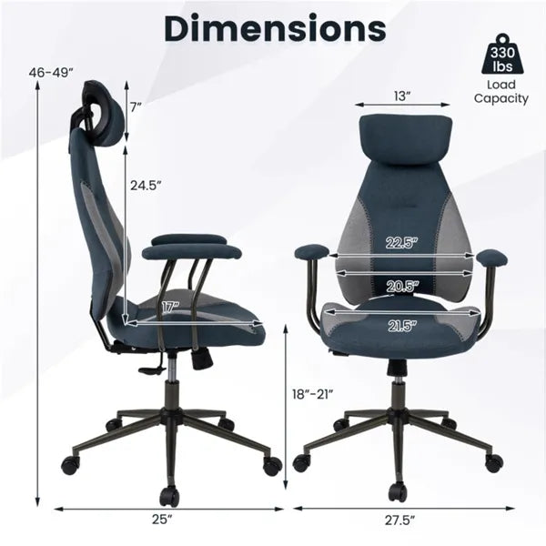 Gray Blue Color Blocking Office Chair With 2D Adjustable Headrest, Ergonomic High-Back Desk Chair 330 Lbs Capacity by Josla