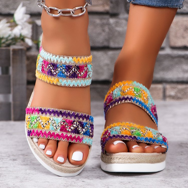Fashion Wavy Pattern Woven Sandals Summer Casual Ethnic Style Slippers Linen Bottom Wide Strap Wedges Shoes For Women by Josla