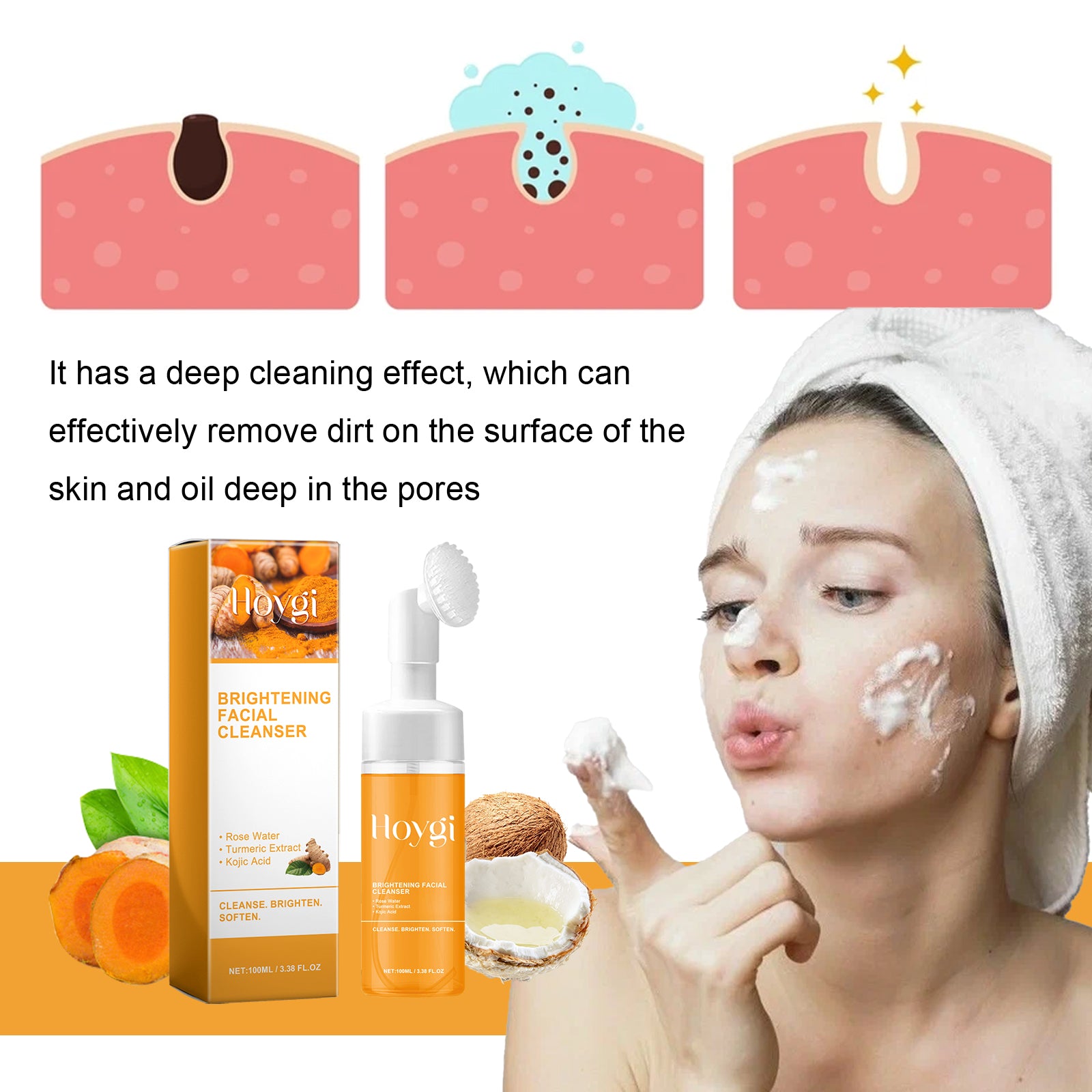 Turmeric Brightening Facial Cleanser Foam With Built-in Brush, Deep Pore Cleansing, Moisturizing Soft Skin For All Skin Types by Josla