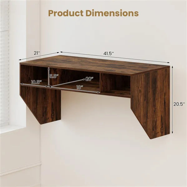 Rustic Brown Wall-Mounted Floating Computer Desk With 3-Cube Storage, Sturdy Wooden Workstation For Home Office by Josla