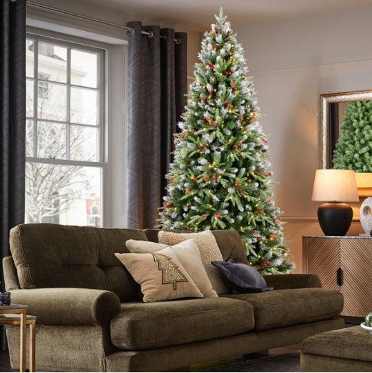 Artificial 5ft Green LED-lit Christmas Tree With 1113PE PVC Mixed Branch Tips,Red Fruit And Pine Cone,Hinged Premium & Foldable Base For Indoor Holiday Decorating by Josla