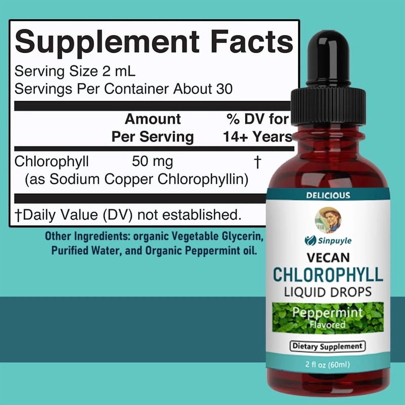 Vegan Chlorophyll Liquid Drops, Peppermint Flavored, Supports Detox And Fresh Breath, 60ml by Josla