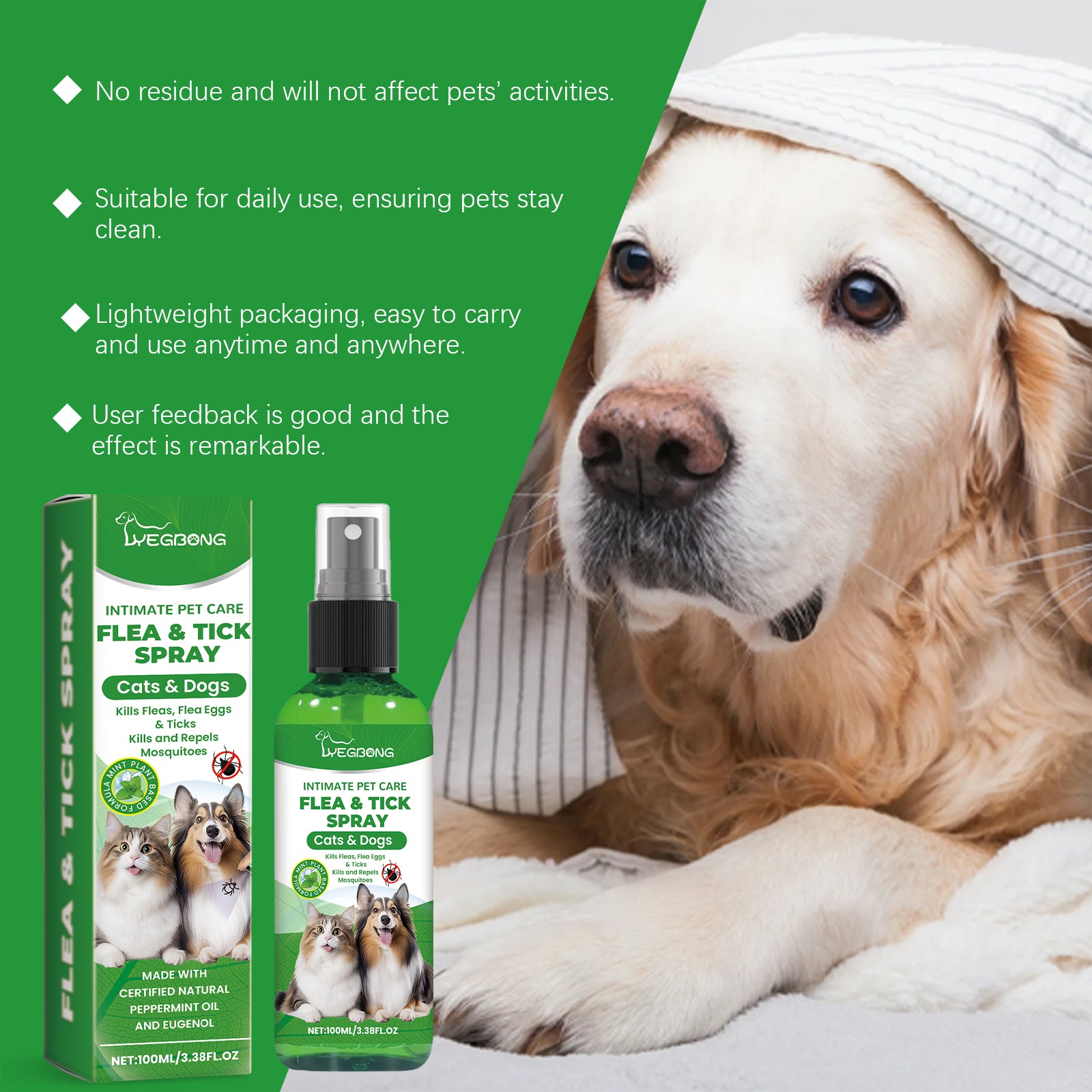 Natural Flea & Tick Spray For Dogs & Cats, Plant-Based Pest Repellent Kills Fleas, Ticks, Lice & Mites by Josla