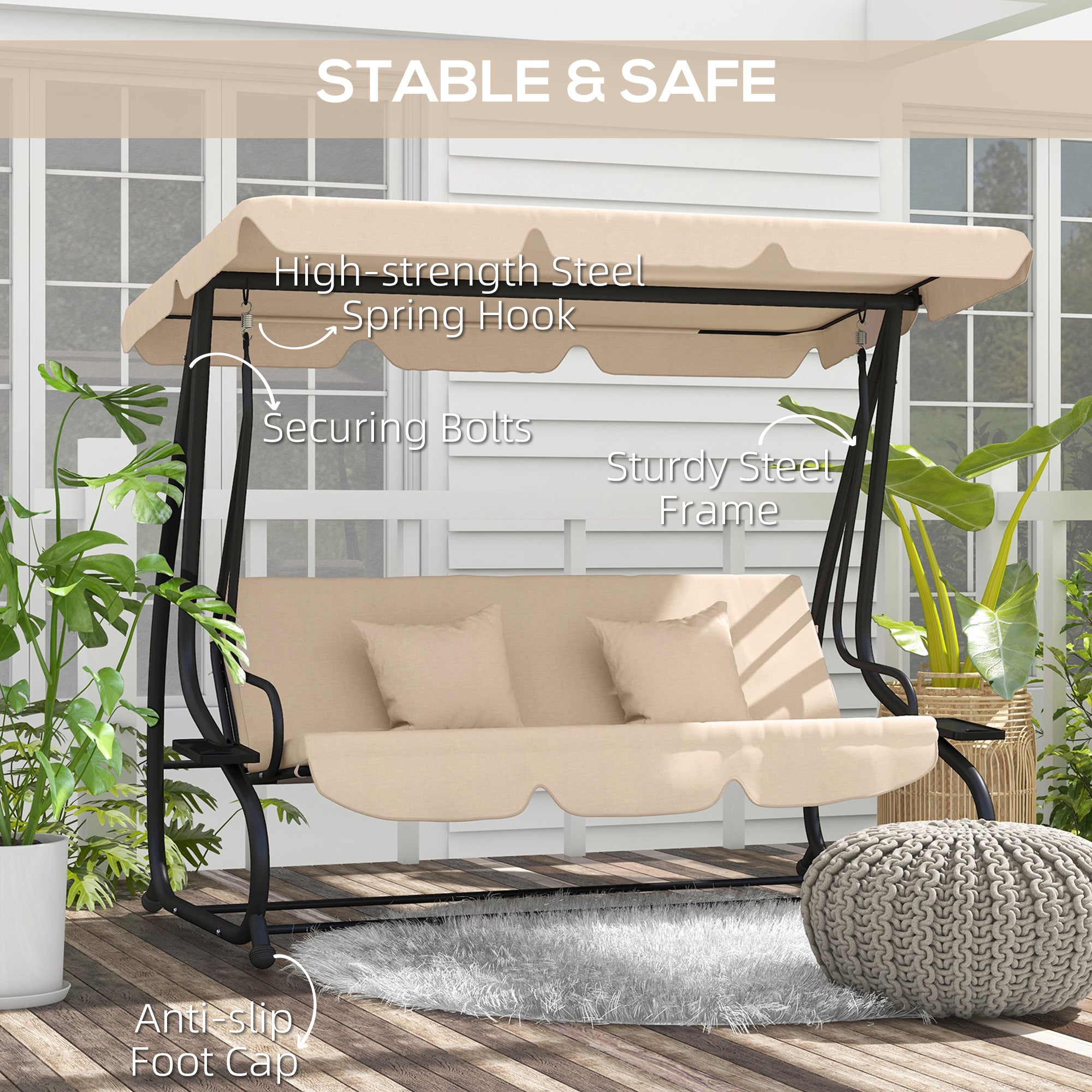 Free Standing Swing Bench, Porch Swing with Stand, Adjustable Canopy, Cushion and Pillows, Ecru by Josla
