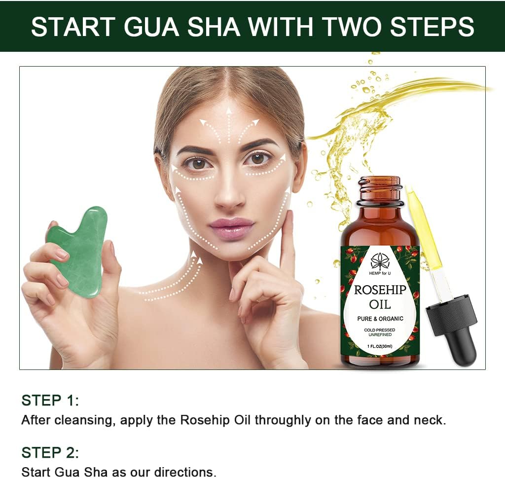 Gua Sha Massage Tools & Rosehip Oil In One Set, Nature Jade Stone Facial Gua Sha Products For Skin Massage, Beauty And Moisturizing , With Nice Travel Pouch by Josla