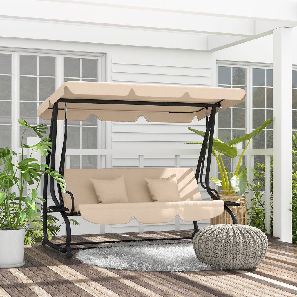 Free Standing Swing Bench, Porch Swing with Stand, Adjustable Canopy, Cushion and Pillows, Ecru by Josla