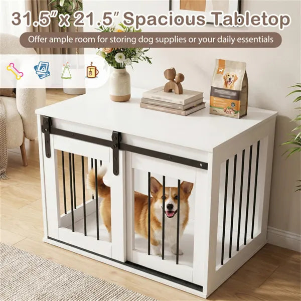 31.5" Dog Crate Furniture With Sliding Barn Door, Wooden Dog Kennel End Table For Indoor Use - White by Josla