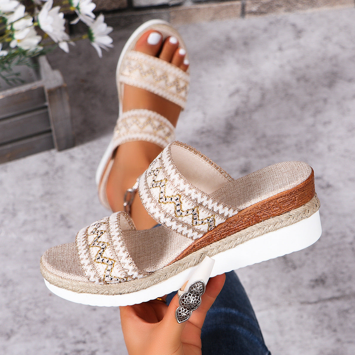 Fashion Wavy Pattern Woven Sandals Summer Casual Ethnic Style Slippers Linen Bottom Wide Strap Wedges Shoes For Women by Josla